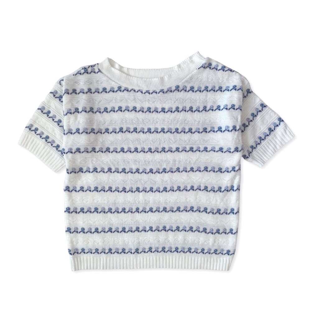 Vintage Knit Floral Coastal Grandma Cottagecore Short Sleeve Sweater Top Boho